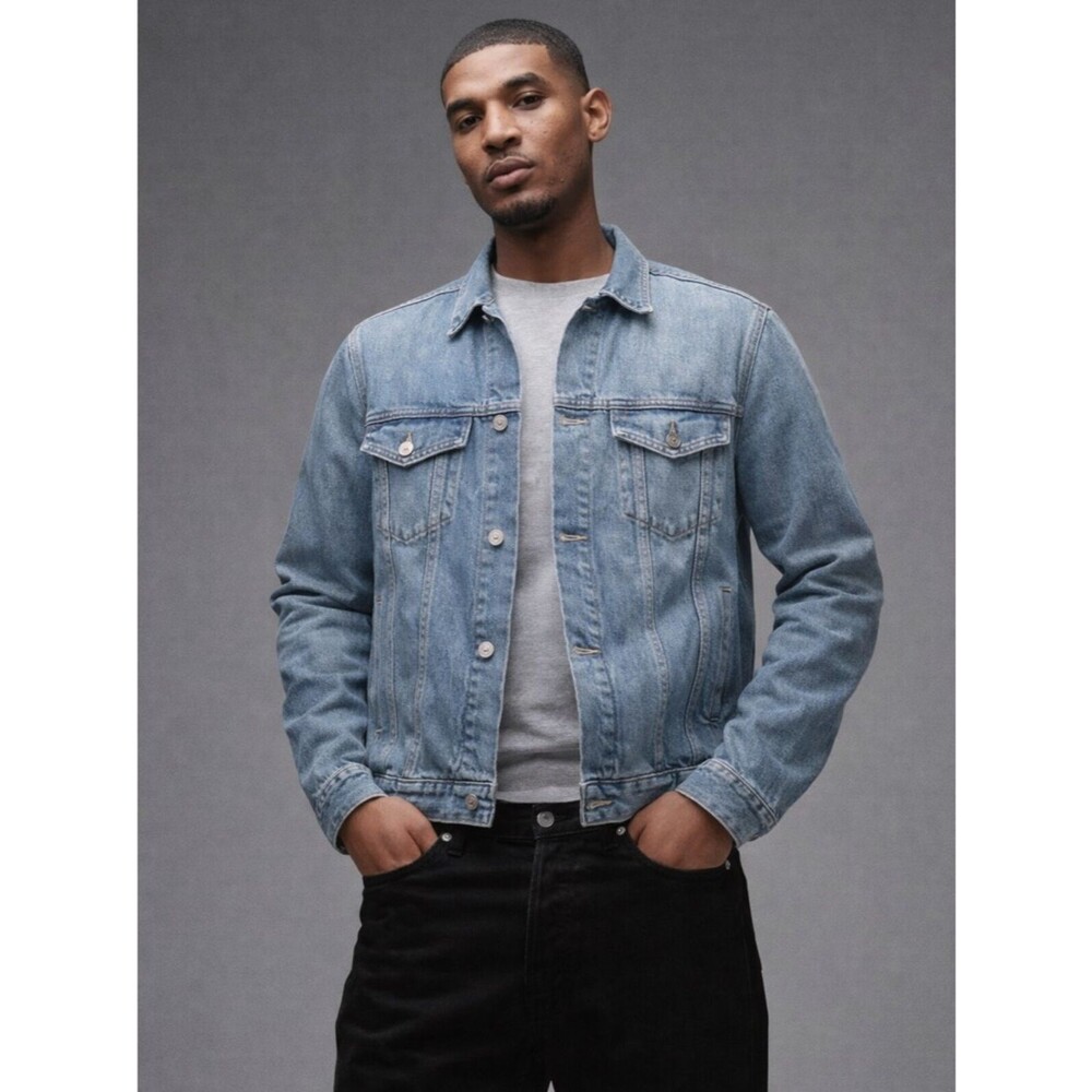 Tommy Hilfiger Trucker Denim Jacket Indigo Distress Wash Button Front Mens Large